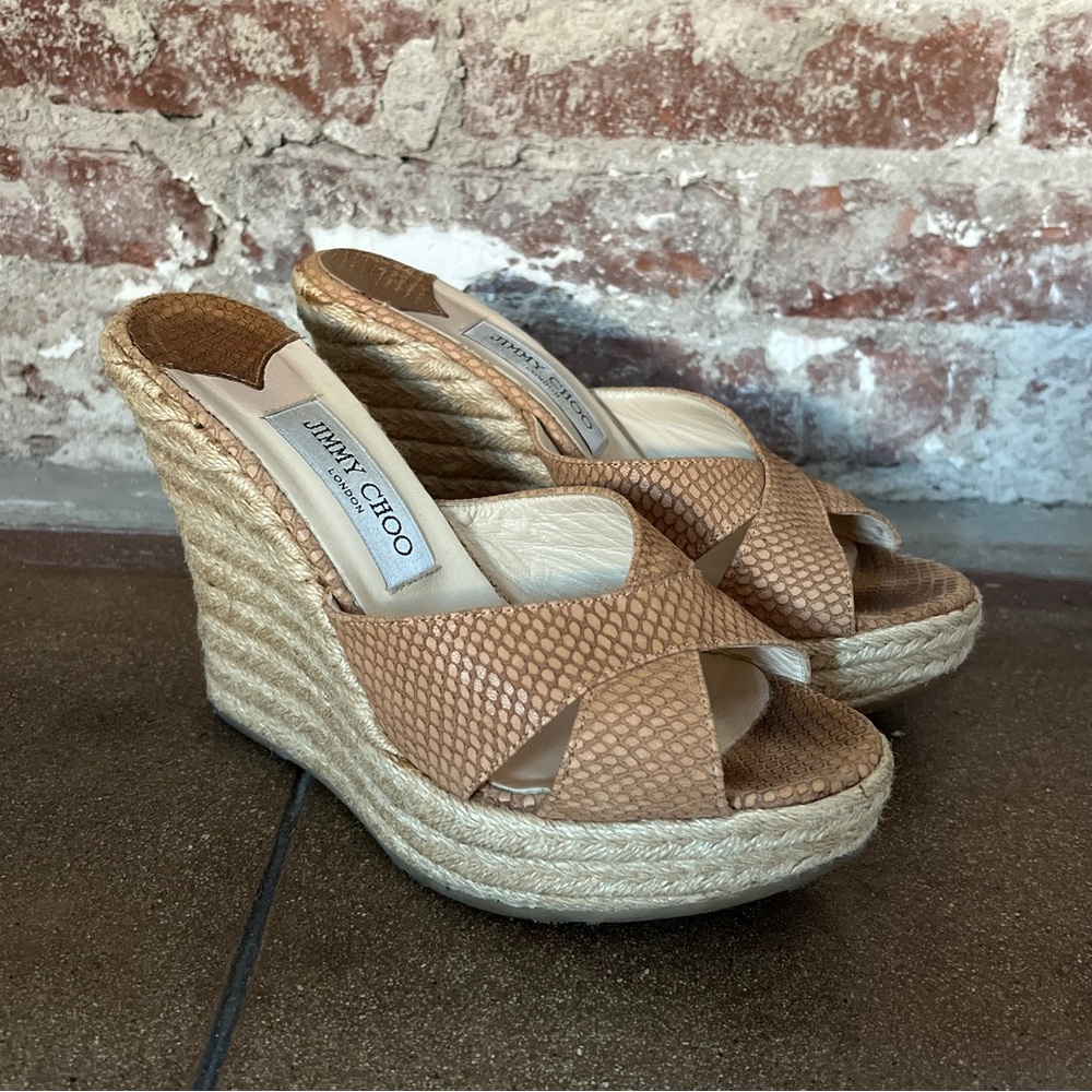 Jimmy Choo Tan Wedge Espadrille Sandals